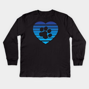 Cat Paw Heart Valentine - Dark Blue Gradient Kids Long Sleeve T-Shirt